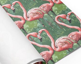 Pink Flamingo Wrapping Paper - Pastel Tropical Pattern on Green Background, Gift Wrap for Birthdays, Set of 3 Sheets