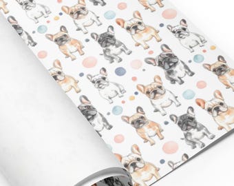 French Bulldog Wrapping Paper Sheets, Watercolor Dog Pattern with Polka Dots, Set of 3