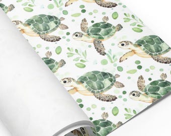 Green Sea Turtle Wrapping Paper - Watercolor Ocean Theme Gift Wrap, White Background, Eco-Friendly, Set of 3 Sheets