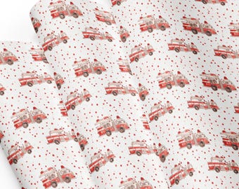 Red Fire Truck Wrapping Paper - Watercolor Fire Engine with Red Polka Dots, Kids Birthday Gift Wrap, Set of 3 Sheets
