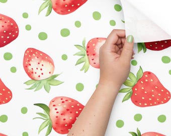 Strawberry Wrapping Paper Sheets, Watercolor Fruit Pattern with Green Polka Dots, Set of 3
