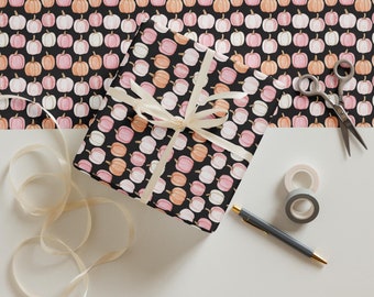 Halloween Wrapping Paper, Pastel Pumpkin - Orange and Pink with Black Background Wrapping Paper - Set of 3 Matte Sheets