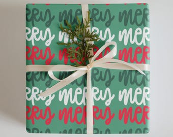 Teal Christmas Wrapping Paper - Merry Design, Set of 3