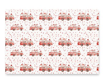 Akvarellfärgad presentpapper för rött brandbilmotiv – Presentpapper för barn (set om 3)