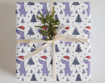 Kids Dinosaur Christmas Wrapping Paper Sheets – Set of 3 | Purple Dinosaur with Snowy Trees | Holiday Gift Wrap