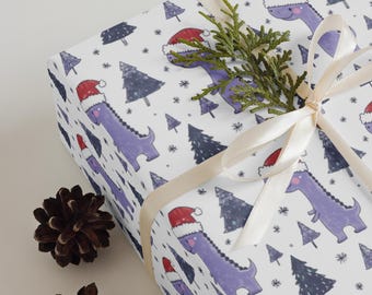 Kids Dinosaur Christmas Wrapping Paper Sheets – Set of 3 | Purple Dinosaur with Snowy Trees | Holiday Gift Wrap