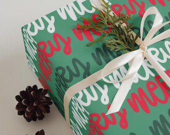Teal Christmas Wrapping Paper - Merry Design, Set of 3