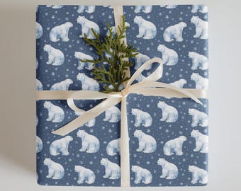 Blue Polar Bear Snowflake Wrapping Paper Sheets, Winter Holiday Pattern Gift Wrap Set of 3