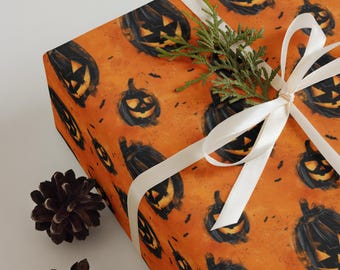Halloween Wrapping Paper Sheets - Orange Background with Black Jack O' Lanterns & Specs - Matte Finish - Spooky Gift Wrap
