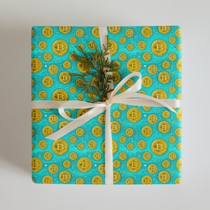Bitcoin Wrapping Paper - Teal and Gold Gift Wrap - for Crypto Iovers