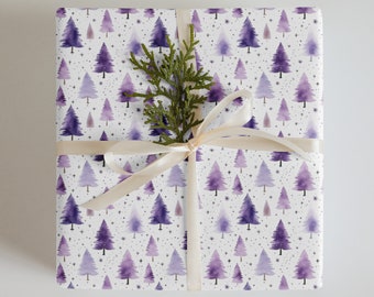 Purple Christmas Tree Wrapping Paper Sheets, Pastel Holiday Pattern Set of 3