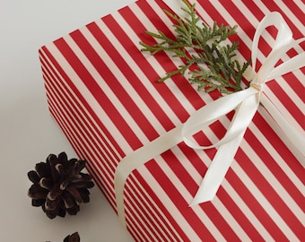 Classic Red and White Stripe Christmas Wrapping Paper Sheets, Traditional Holiday Pattern Set of 3