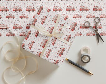 Red Fire Truck Wrapping Paper - Watercolor Fire Engine with Red Polka Dots, Kids Birthday Gift Wrap, Set of 3 Sheets