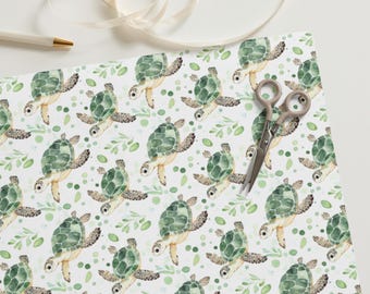 Green Sea Turtle Wrapping Paper - Watercolor Ocean Theme Gift Wrap, White Background, Eco-Friendly, Set of 3 Sheets