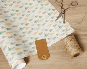 Pastel Christmas Trees Wrapping Paper Roll – Yellow, Blue, Pink & Green Holiday Gift Wrap with Polka Dots | Gift Wrap