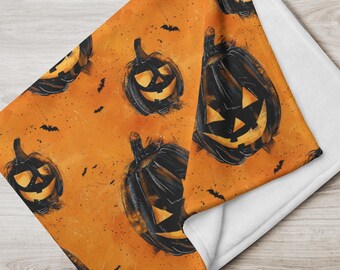 Halloween Jack O Lantern Throw Blanket, Spooky Pumpkin Blanket, Black Bat & Orange Halloween Decor