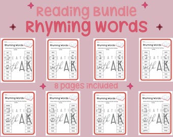 May include: Eight printable worksheets for kids to practice rhyming words. Each worksheet features a book with the words "Creating with AK" on the cover. The worksheets are designed to help children learn to identify rhyming words.