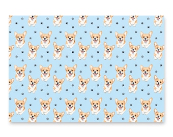Corgi omslagspapper, akvarell hundmönster med svarta tassavtryck, set om 3