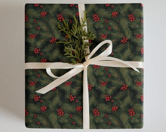 Classic Christmas Wrapping Paper Sheets - Set of 3 | Traditional Holiday Gift Wrap | Pine Branch Xmas Wrap