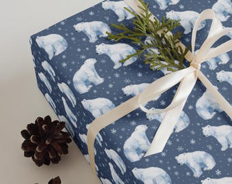Blue Polar Bear Snowflake Wrapping Paper Sheets, Winter Holiday Pattern Gift Wrap Set of 3