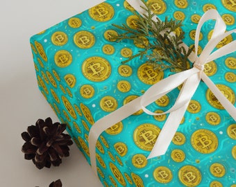 Bitcoin Wrapping Paper Set – Teal and Gold Crypto Gift Wrap