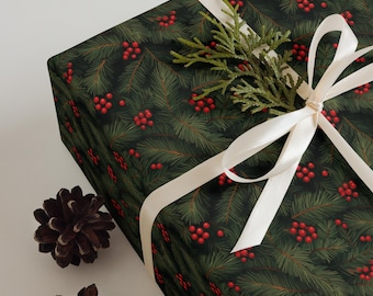 Classic Christmas Wrapping Paper Sheets - Set of 3 | Traditional Holiday Gift Wrap | Pine Branch Xmas Wrap