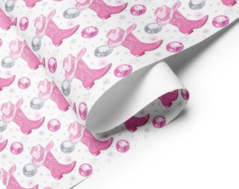 Pink Cowgirl Boot & Hat Wrapping Paper | Disco Ball Theme | Matte Finish | Set of 3 Premium Sheets