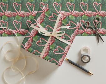 Pink Flamingo Wrapping Paper - Pastel Tropical Pattern on Green Background, Gift Wrap for Birthdays, Set of 3 Sheets