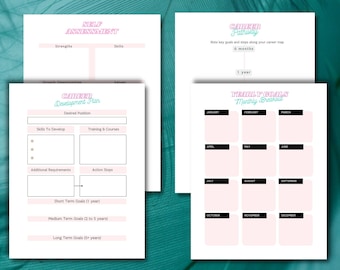 Self Assessment Career Development Toolkit - Job Change Planner, Yearly Goals Tracker, Skills Analysis, 5 year Career Path, printable
