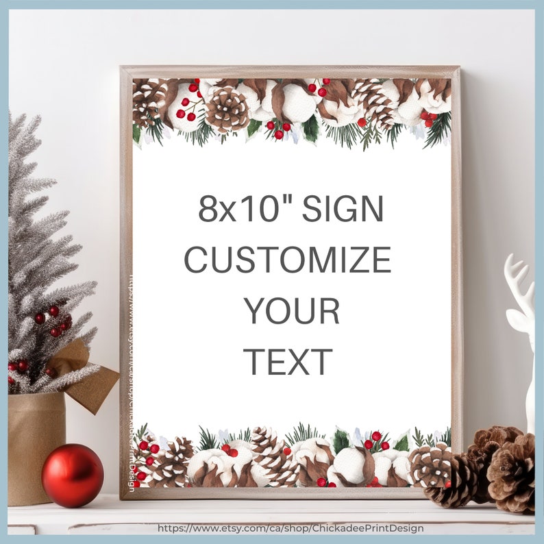 Christmas Wedding Custom Sign Printable Template, Personalize and Customize Your Own Text, Rustic, Cotton, Holly Berries, Winter Greenery image 1