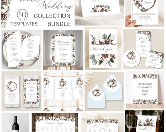 Winter Wedding Collection Bundle Printable Template, Rustic, Cotton, Pine Cones, Winter Greenery Blue Winter Wedding Decor Christmas Wedding