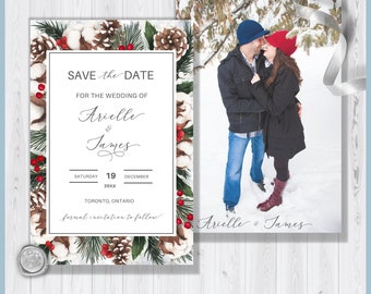 Christmas Wedding Save the Date Printable Template, Rustic with Cotton Holly Berries Pine Cones Winter Greenery Winter Wedding Announcement