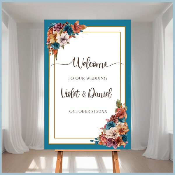 Wedding Welcome Sign Teal Burnt Orange Floral Printable Template Bridal Shower Welcome Sign Autumn Wedding Rustic Teal Orange Roses Vertical