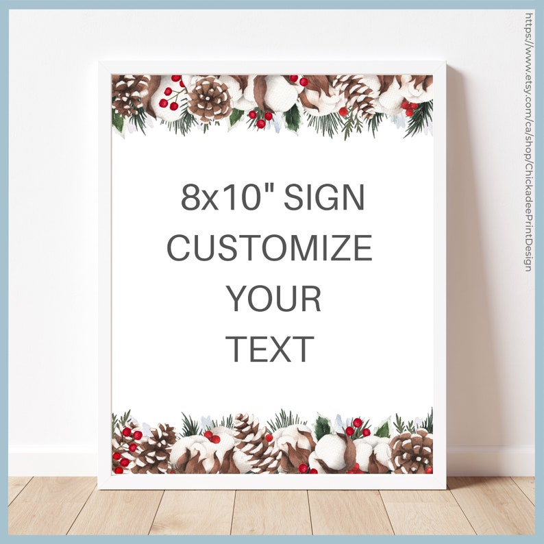 Christmas Wedding Custom Sign Printable Template, Personalize and Customize Your Own Text, Rustic, Cotton, Holly Berries, Winter Greenery image 3