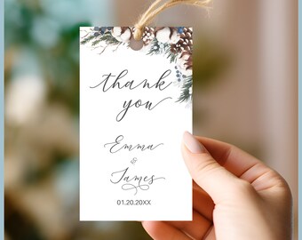 Winter Wedding Reception Favor Tags Printable Template, Wedding Gift Tags, Rustic, Cotton Pine Cones Blue Berries Christmas Wedding Gift Tag