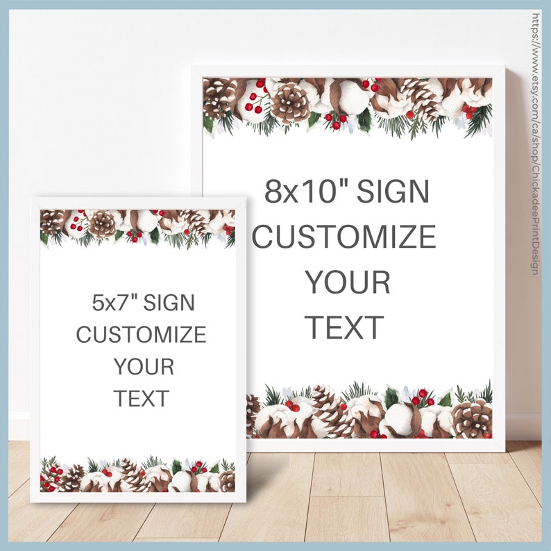 Christmas Wedding Custom Sign Printable Template, Personalize and Customize Your Own Text, Rustic, Cotton, Holly Berries, Winter Greenery image 4