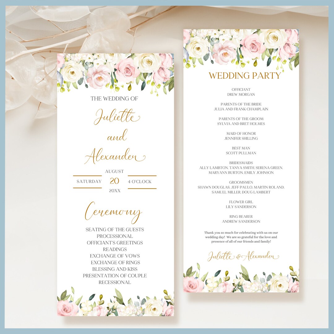 Wedding Program Card Printable Template, Blush Pink Floral Wedding ...