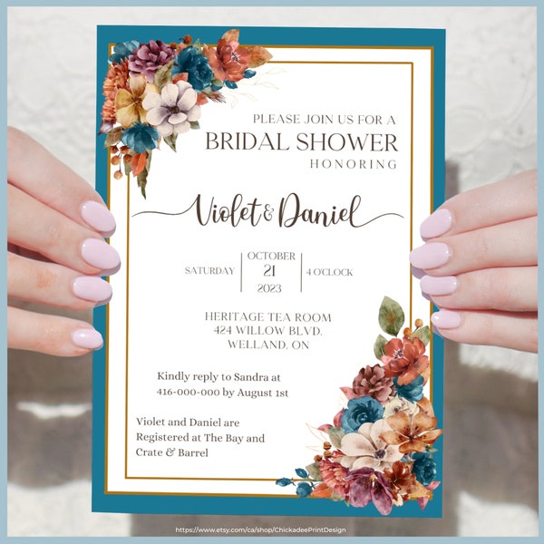 Autumn Bridal Shower Invitation Printable Template, Teal Blue, Burnt Orange & Burgundy Roses, Fall Wedding, Fall Colors, Autumn Greenery