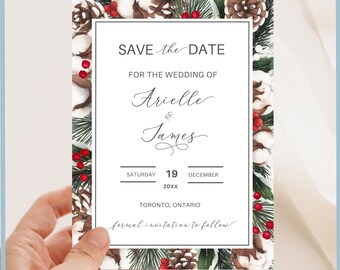 Christmas Wedding Save the Date Printable Template, Rustic with Cotton Holly Berries Pine Cones Winter Greenery Winter Wedding Announcement