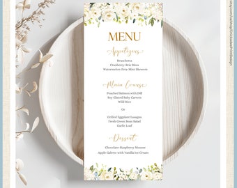 Wedding Menu Card or Bridal Shower Menu Card, White Floral Printable Template, White Rose, White Hydrangea, Eucalyptus Leaves, Wedding Decor