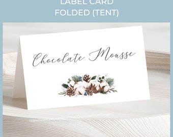 Winter Wedding Place Card Buffet Food Label Card Printable Template, Flat & Folded Rustic Cotton Pine Cone Winter Greenery Christmas Wedding