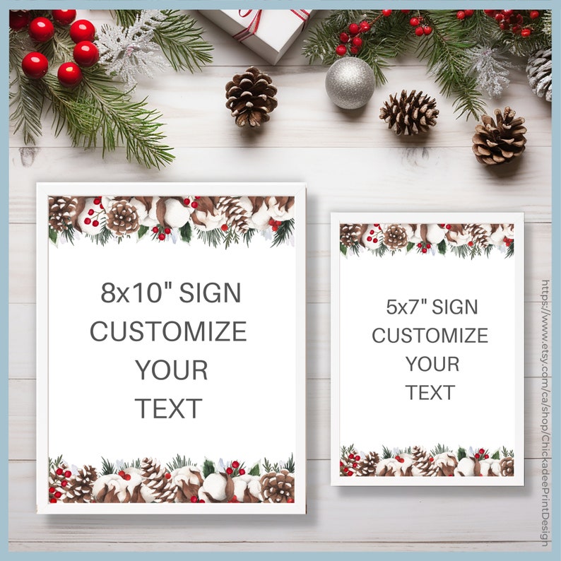 Christmas Wedding Custom Sign Printable Template, Personalize and Customize Your Own Text, Rustic, Cotton, Holly Berries, Winter Greenery image 2