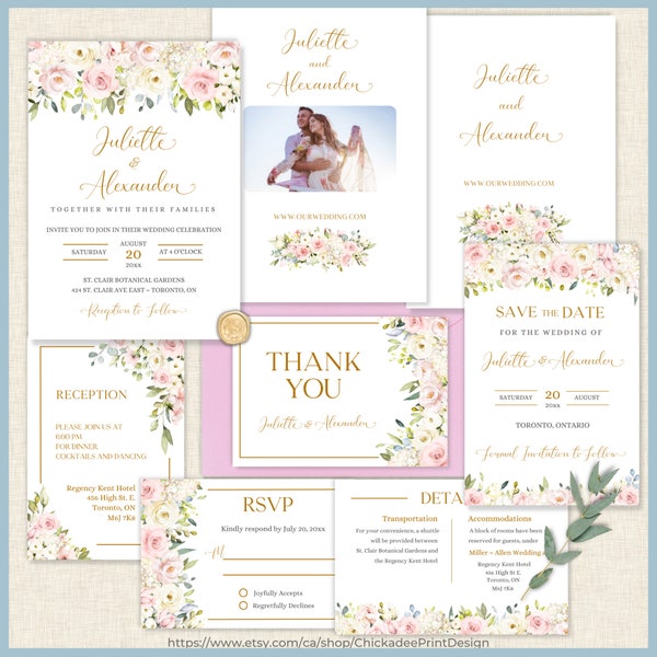 Wedding Invitation Stationery Suite Printable Template, Blush Pink & White Floral, Pale Pink White Rose Hydrangeas Eucalyptus Wedding Bundle