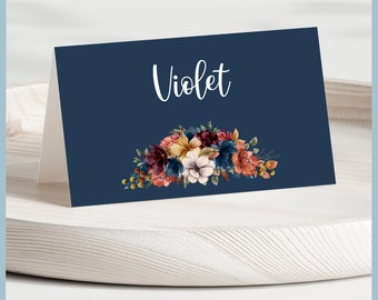 Autumn Wedding Place Card Buffet Food Label Card Printable Template, Flat & Folded Rustic Navy Blue Burnt Orange Burgundy Rose Bridal Shower