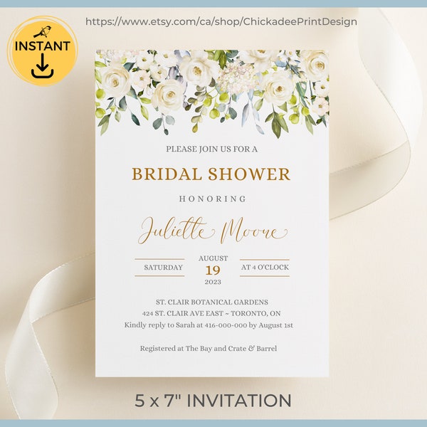 Bridal Shower Invitation White Floral Printable Template White Roses White Hydrangea Sage Green Greenery Eucalyptus Leaves Traditional