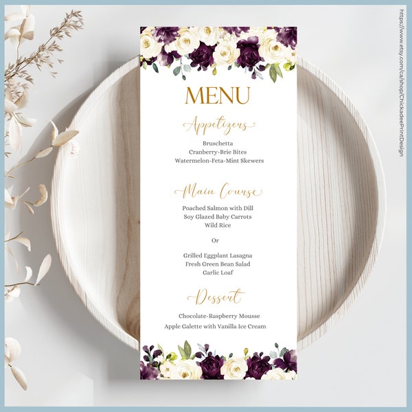 Wedding Menu Card or Bridal Shower Menu Card Printable Template, Dark Purple & White Roses Hydrangea Eucalyptus Eggplant Wedding Table Decor