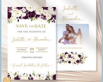 Wedding Save the Date Card Printable Template, Dark Purple & White Floral, Eggplant Roses, Hydrangea, Eucalyptus, Autumn Wedding Stationery