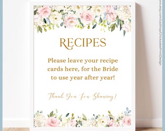 Bridal Shower Recipe Sign, Recipe Card and Recipe Request Card Set Printable Template, Blush Pink Floral, White Roses Pink Roses, Eucalyptus