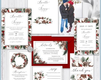 Christmas Wedding Invitation Bundle Printable Template Rustic with Cotton, Holly Berries, Pine Cones, Winter Greenery Winter Wedding