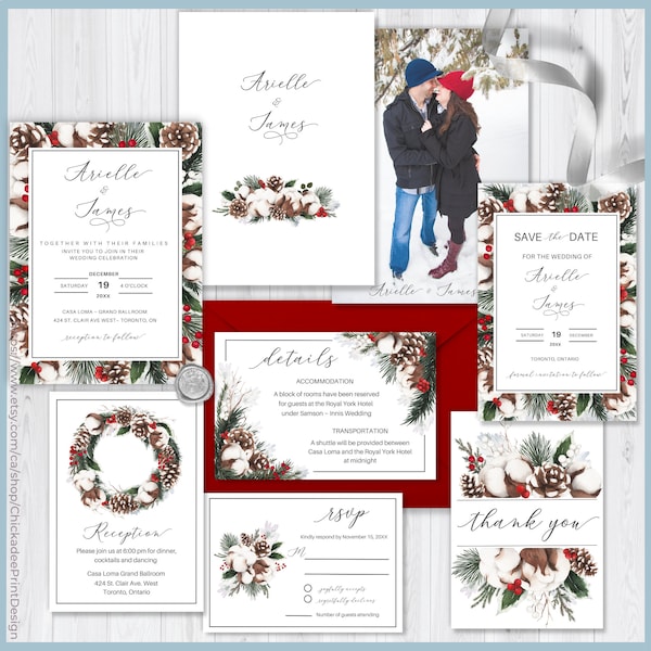 Christmas Wedding Invitation Bundle Printable Template Rustic with Cotton, Holly Berries, Pine Cones, Winter Greenery Winter Wedding